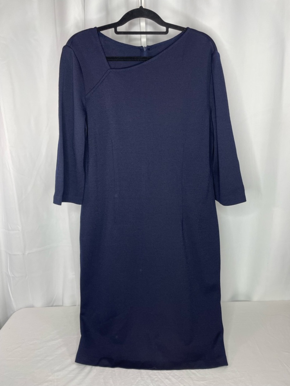 St John Navy Santana Knit Dress 14 NWT Asymmetrical Neck Sheath Luxury Designer